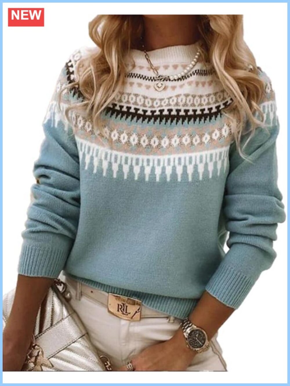Women's Fair Isle Sweater Casual Vintage Crew Neck Knitted Pullover Jumper
